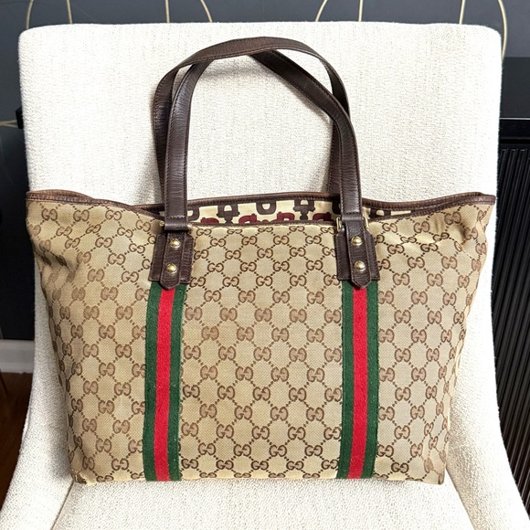 Gucci authentic Sherry Line open tote bag monogram brown canvas ribbon accents - Picture 7 of 16